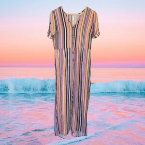 Soft Pants Jumpsuit in Pink White Blue Yellow Vertical Stripes, M